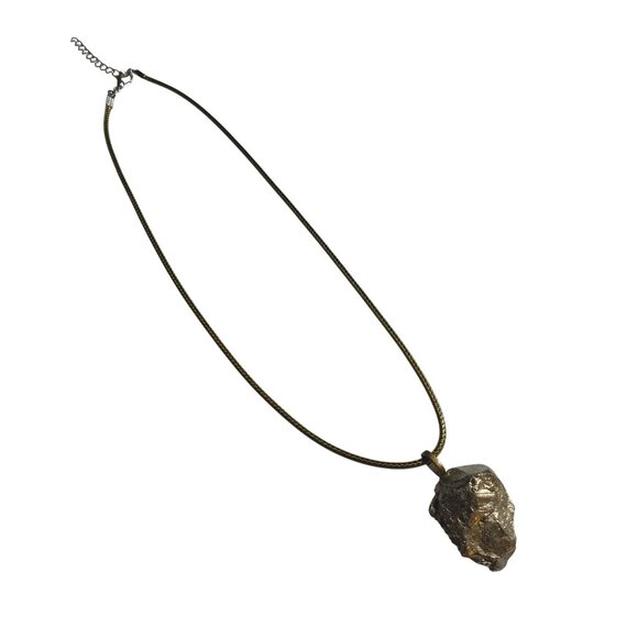 Raw Pyrite Stone Pendant Necklace Adjustable 17" To 19" Green Cord Chain Gift - Picture 3 of 4